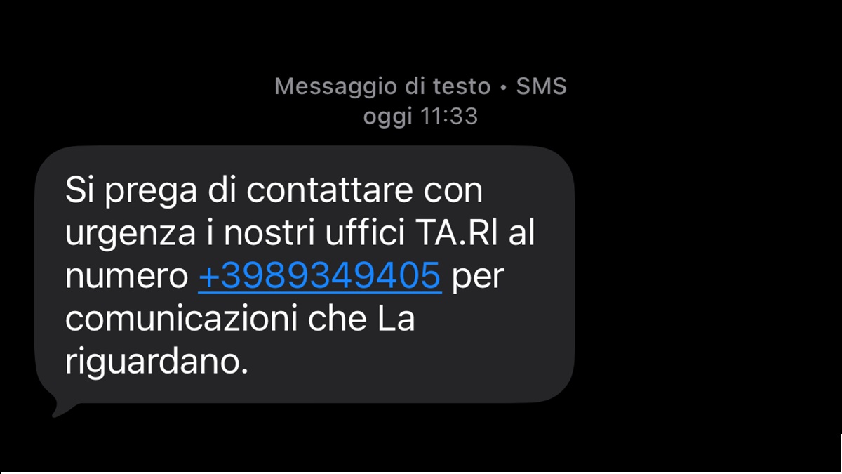 Esempio di SMS truffa sulla TARI